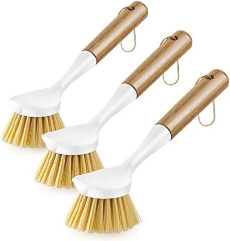 3 Pack Kitchen Dish Brush Bamboo Handle Dish Scrubber Built-in Scraper, Scrub Brush for Pans, Pot... | Amazon (US)