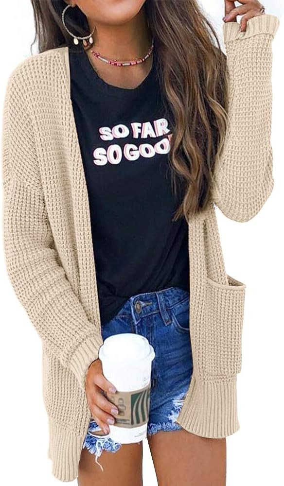 Risesun Womens Waffle Knit Open Front Cardigan Lightweight Loose Solid Sweater with Pocket | Amazon (US)