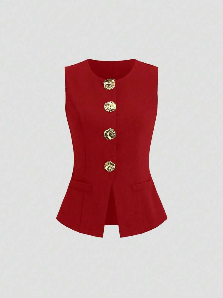 Sweetra Plus Size Sleeveless Casual Business Chic Golden Button Front Spring/Summer Thin Blazer Graduation,Back To School,Teacher Outfits For Women | SHEIN