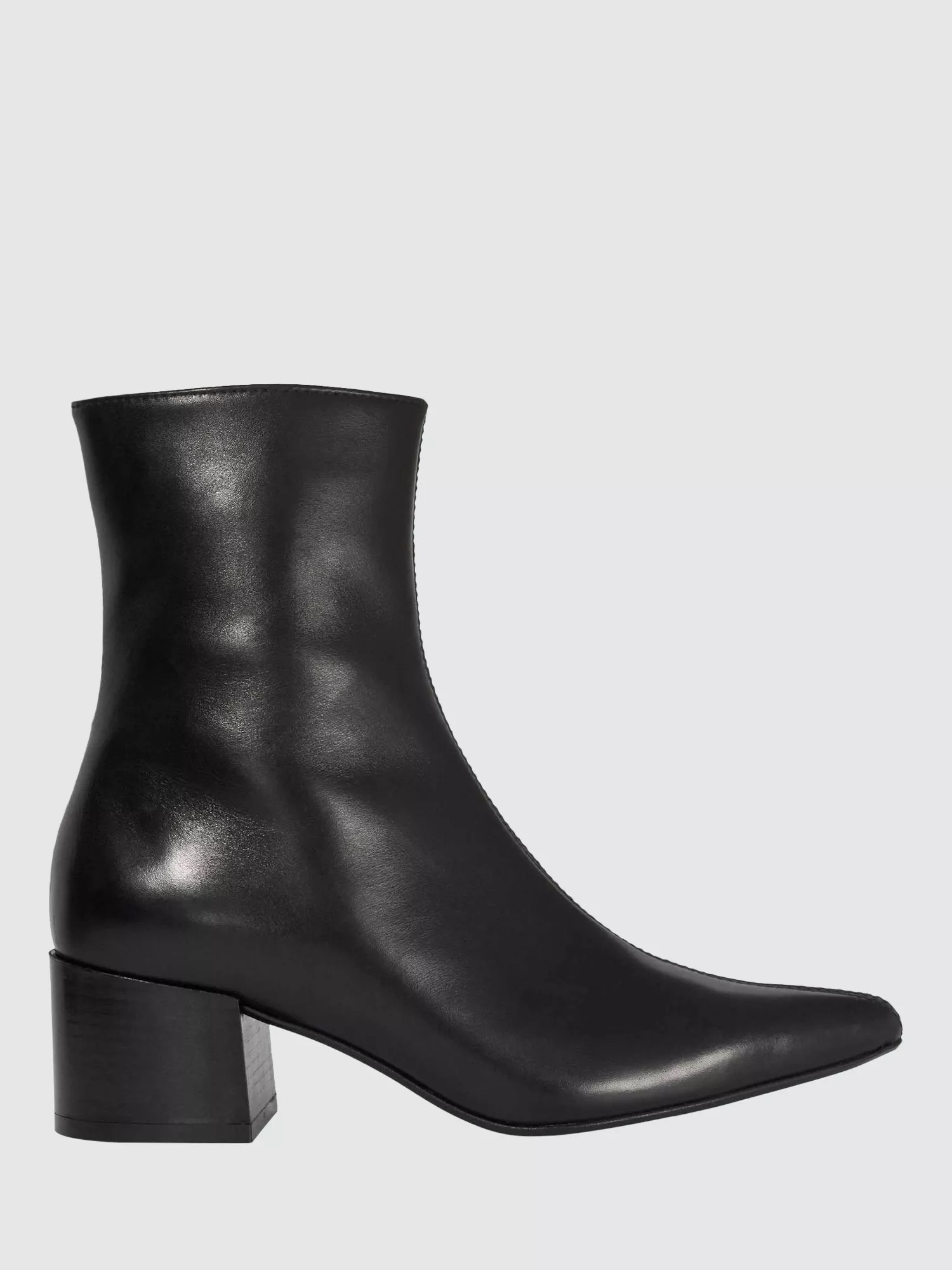 Dune London Pami Leather Pointed Toe Block Heel Ankle Boots, Black | John Lewis (UK)