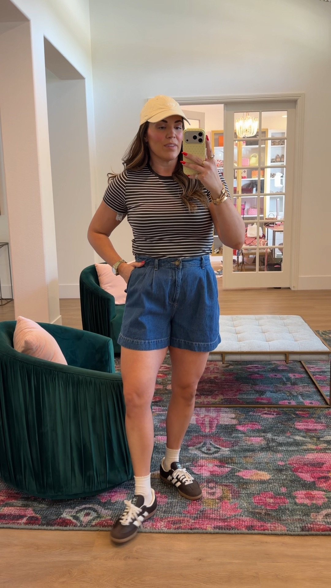 curvy midsize casual summer look! wearing size medium in brown striped tee and size medium in trouser shorts. 50% off this weekend!

#LTKSeasonal #LTKMidsize #LTKSaleAlert