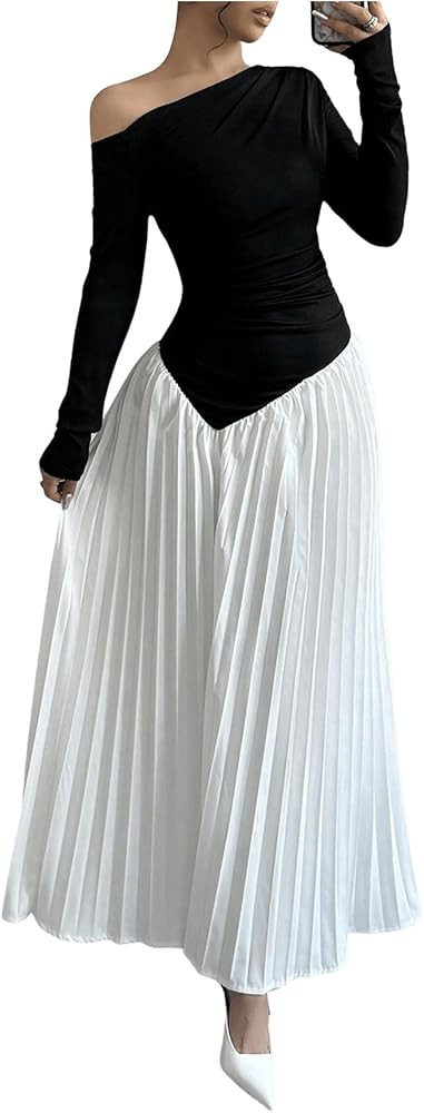 MakeMeChic Women's Elegant One Shoulder Ruched Maxi Dress Pleated Ruffle Hem Fit and Flare Dresse... | Amazon (US)