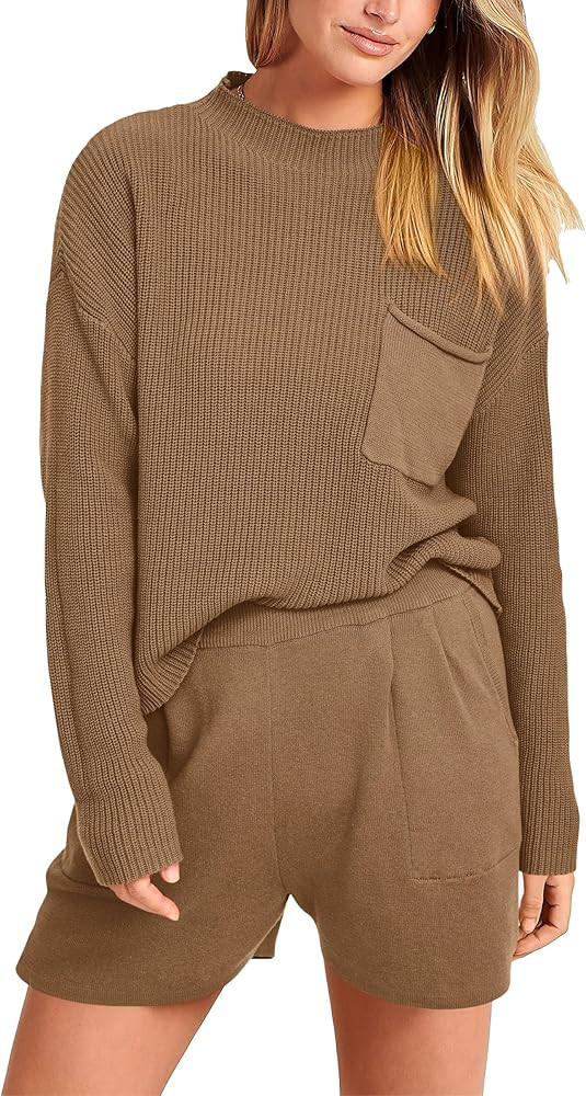 PRETTYGARDEN Women 2 Piece Knit Sweater Outfit Long Sleeve Pullover Top Wide Leg Shorts Loungewea... | Amazon (US)