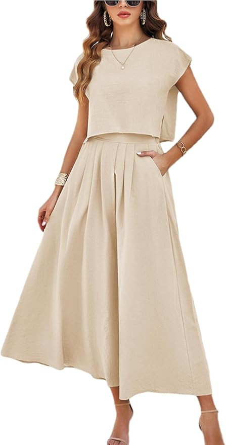 HangNiFang Summer Skirt Sets Women 2 Piece Outfits Cap Sleeve Top Elastic Waist Maxi Dress Sets w... | Amazon (US)