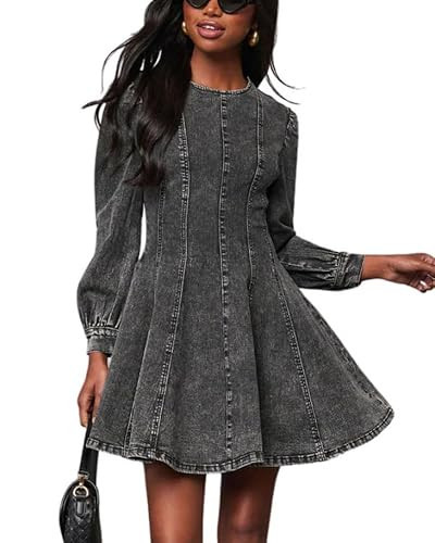 utcoco Women 2025 Fall Long Sleeve Denim Mini Dress Stretchy Slim Fit Ruffle Swing A Line Jean Dresses (X-Small, Dark Grey) | Amazon (US)