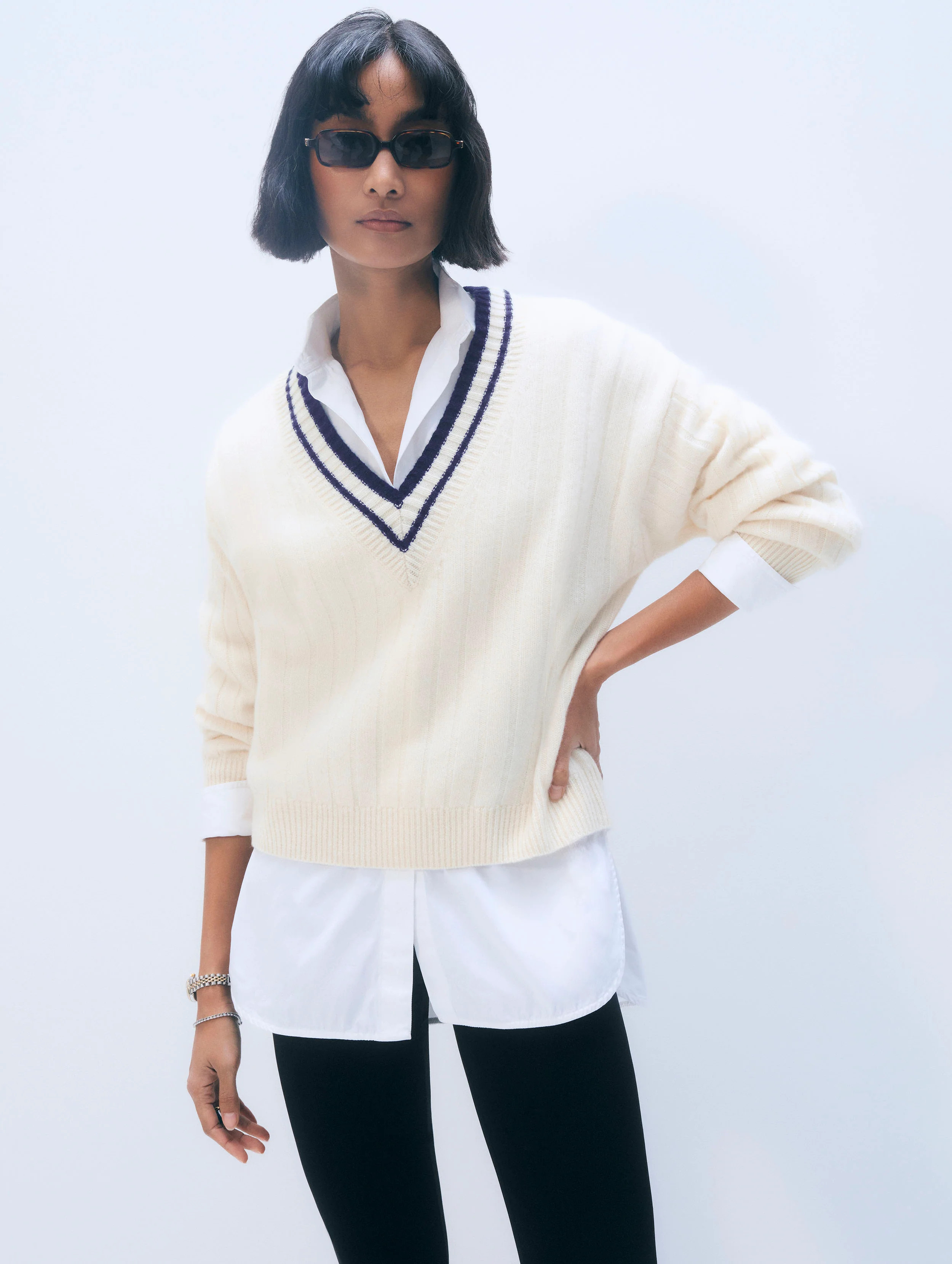 Cashmere Varsity V Neck | Soft White & Deep Navy | White and Warren