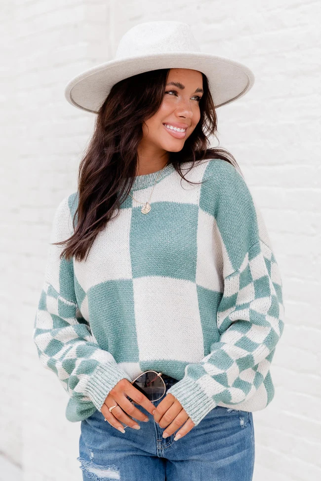 Did It My Way Green Checkered Sweater | Pink Lily
