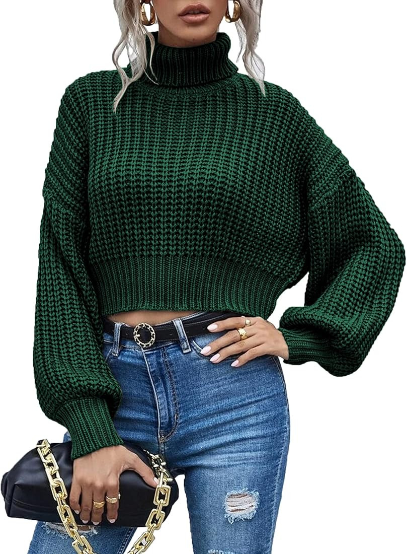 Chigant Women's Turtleneck Knit Sweaters Casual Lantern Long Sleeve Pullover Cropped Cute Jumper Dro | Amazon (US)