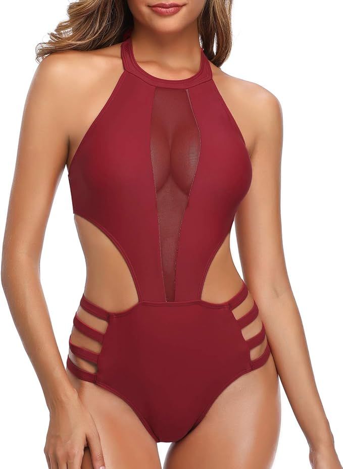 Tempt Me Women One Piece Mesh Swimsuit High Neck Halter Cutout Monokini Swimwear | Amazon (US)