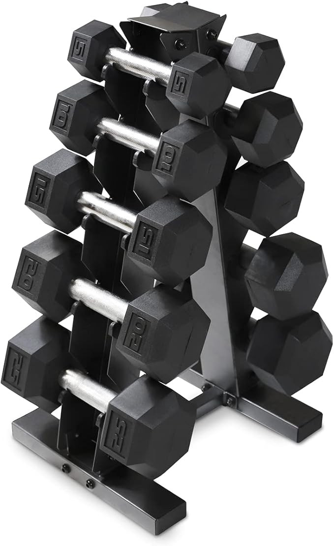 WF Athletic Supply 5-25Lb Rubber Coated Hex Dumbbell Set with A Frame Storage Rack Non-Slip Hex S... | Amazon (US)