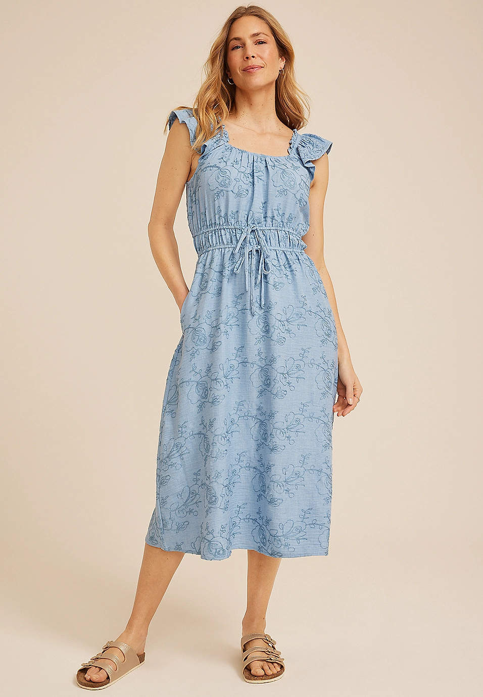 Chambray Embroidered Floral Micro Flutter Midi Dress | Maurices