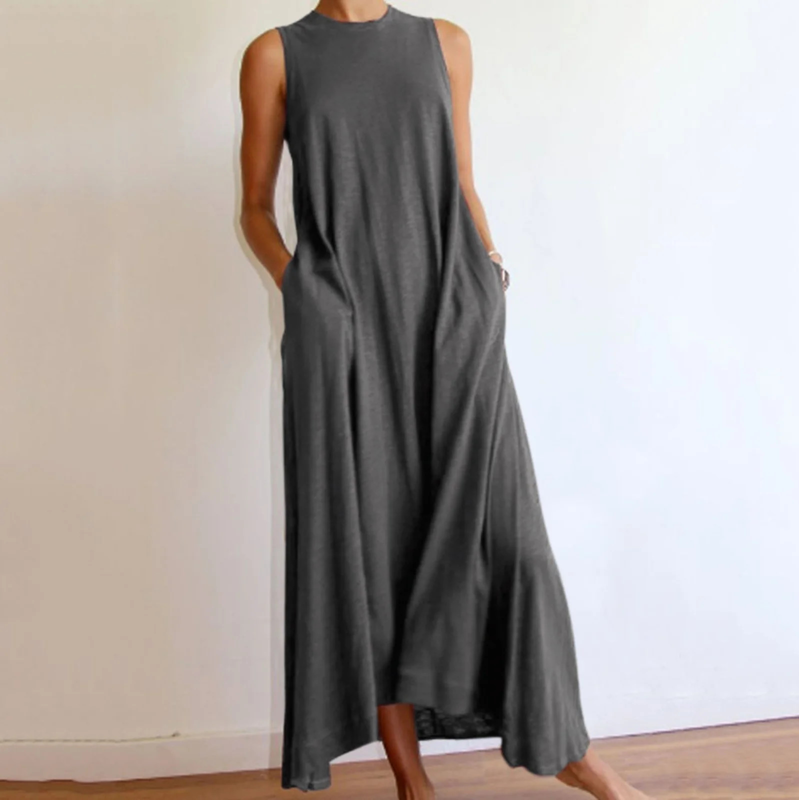 TIANEK Dresses for Women 2023 Casual Gray Beach Dresses Summer Sleeveless Casual Crew Neck Dresse... | Walmart (US)