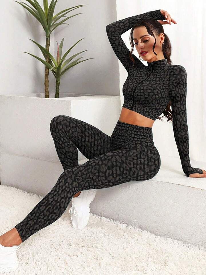 Yoga Basic Leopard Printed Long Sleeve Sports Set | SHEIN