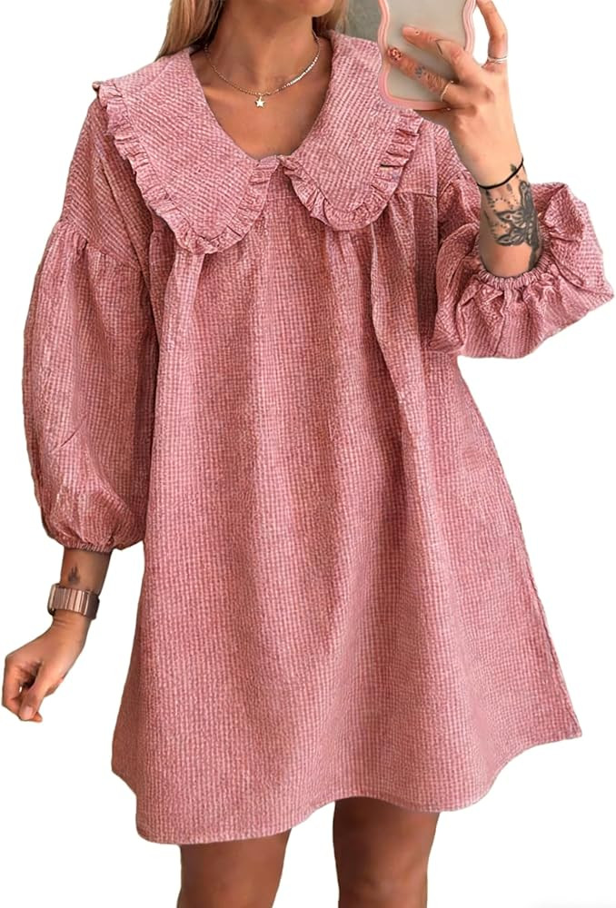 2025 Women's Babydoll 3/4 Puff Sleeve Plaid Mini Dress Lapel Doll Collar Loose Y2k Dress | Amazon (US)