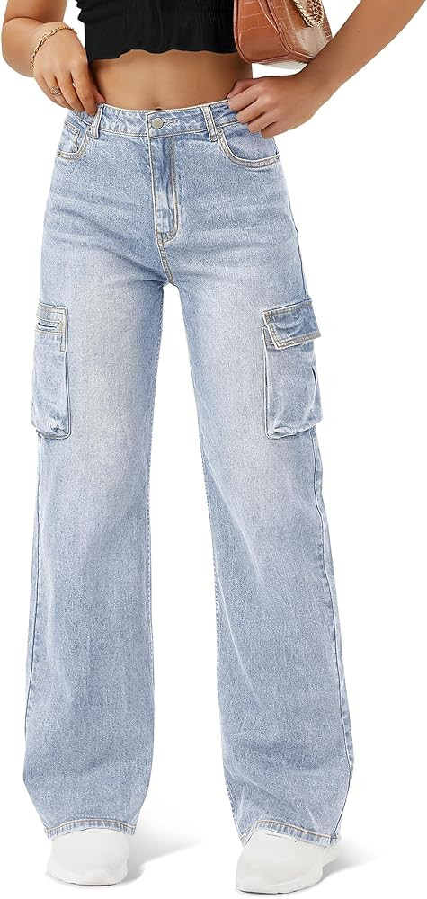 Women High Waisted Cargo Jean for Women with 6 Pockets Straight Wide Leg Jean Casual Baggy Pants | Amazon (US)