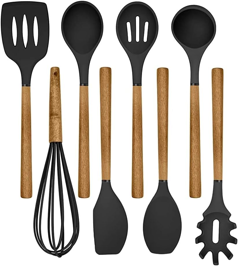 Country Kitchen Silicone Cooking Utensils, 8 Pc Kitchen Utensil Set, Easy to Clean Wooden Kitchen... | Amazon (US)