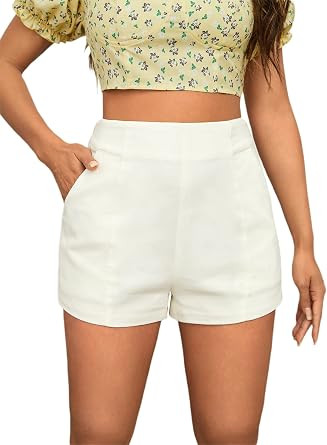 SheIn Women's Solid High Waisted Summer Shorts Zip Side Straight Leg Shorts with Pockets | Amazon (US)