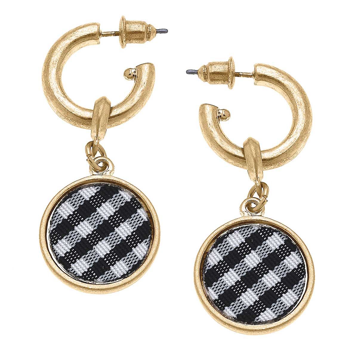 Kylee Gingham Drop Hoop Earrings in Black | CANVAS