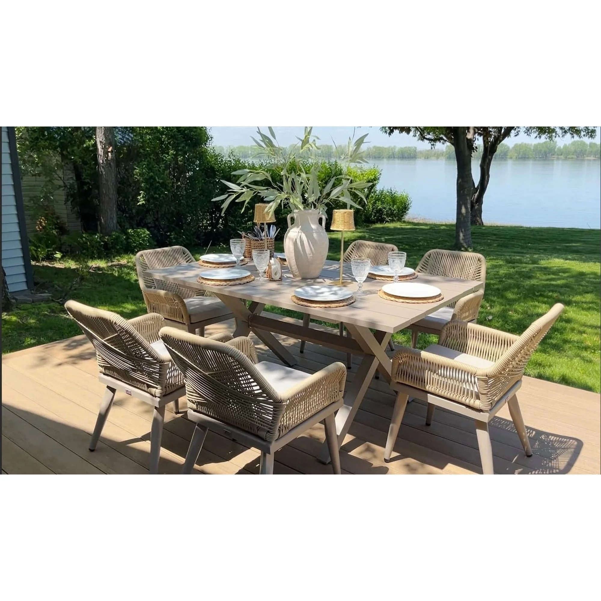 PURPLE LEAF 7 Pieces Patio Dining Set, Rectangular Aluminum Outdoor Table and 6 Wicker Chairs wit... | Walmart (CA)