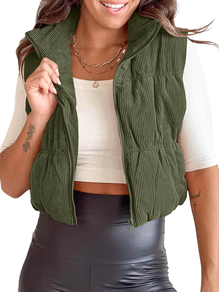 Tankaneo Womens Cropped Puffer Vest Corduroy Lightweight Sleeveless Padded Coat Zip Up Warm Outer... | Amazon (US)