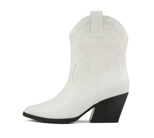 Soda “BLAZING” ~ Women Western Bootie Pointe Toe with Low Heel (Wide Fit Available) (White Pu/Black, us_footwear_size_system, adult, women, numeric, wide, 8.5) | Amazon (US)