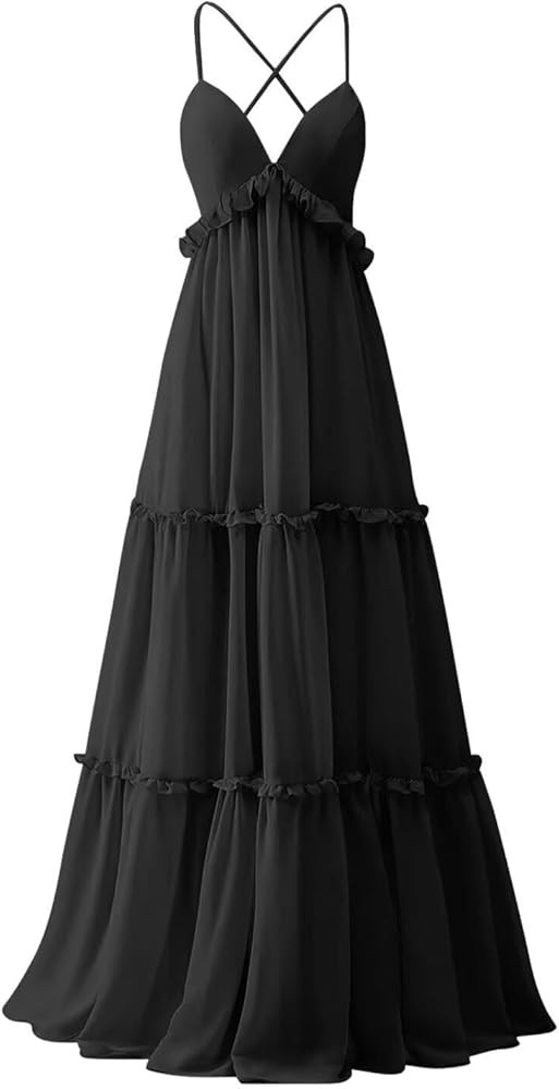 Spaghetti Straps V-Neck Bridesmaid Dresses A-Line Tiered Evening Dress Long Chiffon Ruffles Forma... | Amazon (US)