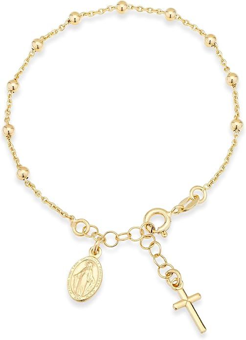 Miabella 18K Gold Over Sterling Silver Italian Rosary Cross Bead Charm Link Chain Bracelet for Wo... | Amazon (US)