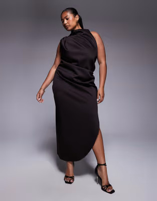 ASOS DESIGN Curve one shoulder midi dress in chocolate in scuba-style fabric | ASOS | ASOS (Global)