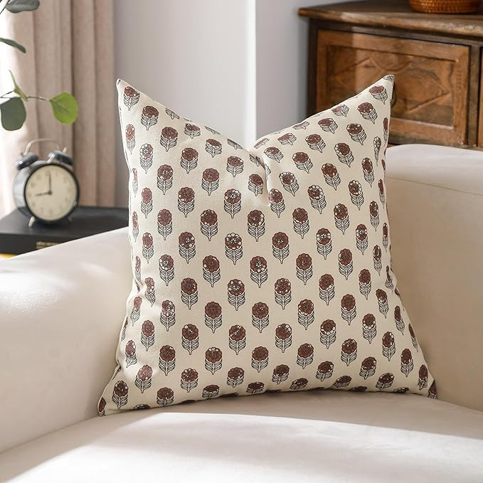 VAKADO Block Print Farmhouse Neutral Throw Pillow Covers 18x18 Set of 1 Vintage Outdoor Decorativ... | Amazon (US)