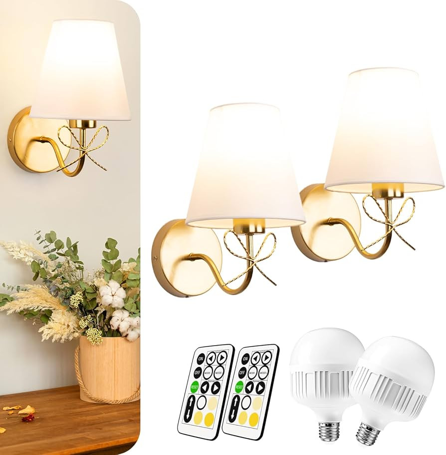 Battery Operated Wall Sconces Lights Set of Two Remote Control, Antique Brass Bow Sconces Recharg... | Amazon (US)