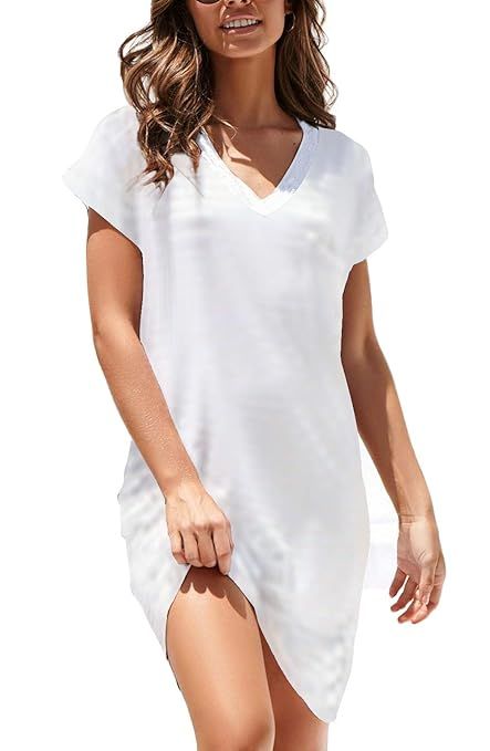NERLEROLIAN Women T-Shirt Stripe Dress with Pockets V-Neck Knee Length Loose Tunic Summer Dress | Amazon (US)