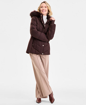 Women's Faux-Fur-Trim Hooded Puffer Coat | Macy's