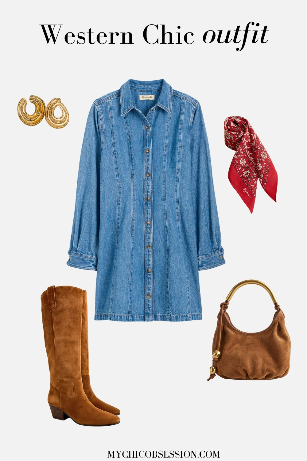 There’s no better place to start with Western chic outfits than with a classic denim dress. Western clothing is full of denim-on-denim looks, but if you aren’t ready to commit to jeans and a denim shirt, this is a great compromise. Channel your inner cowgirl with a denim shirtdress that would fit right in at your next music festival. Accessorize with a suede bag and boots, a bandana for a pop of color, and classic gold earrings. 

 #LTKFestival #LTKStyleTip #LTKShoeCrush