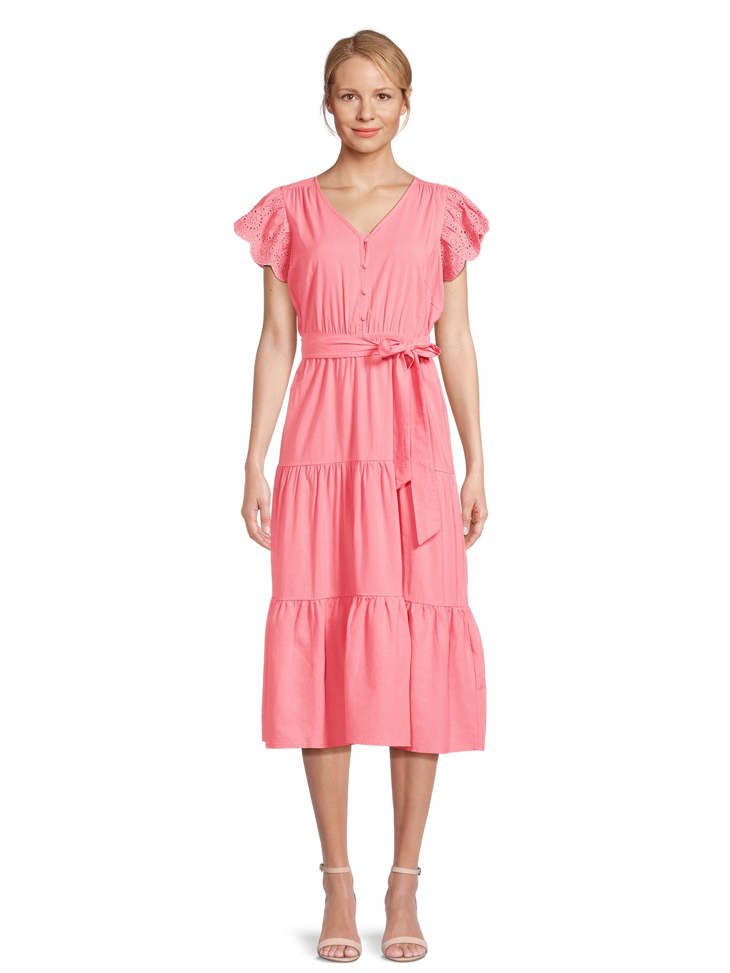 Time and Tru Women's Tiered Midi Dress with Eyelet Sleeves | Walmart (US)