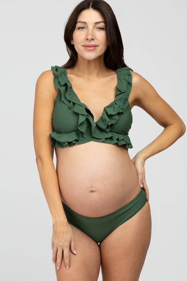 Olive Ruffle Accent Maternity Bikini Set | PinkBlush Maternity