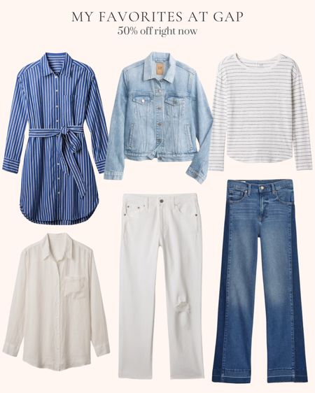 My favorites at Gap are 50% off right now! Spring outfit. Travel outfit. Date night outfit. High rise wide leg jeans. Linen boyfriend shirt. Cotton stripe mini shirt dress. Denim jacket. Linen blend boatneck tshirt. High rise cheeky white straight jeans  

#LTKover40 #LTKmidsize #LTKsalealert