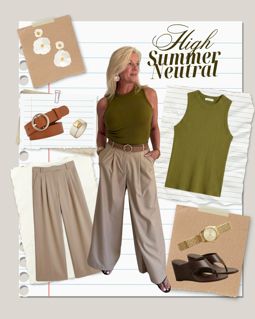 High summer neutral done right. 🌿 This olive tank tucked into wide-leg khaki trousers is one of those combos that just works — effortless, breathable, and elevated all at once. A cognac leather belt cinches the waist, while a gold watch and dark brown wedge sandals bring in warmth and texture. The mother-of-pearl floral earrings add just the right feminine touch. This is exactly the kind of outfit I reach for when I want to look pulled together without trying too hard. Similar items linked below — shop the tank, trousers, belt, and sandals for your own high summer neutral moment! 🤍 #summerneutrals #widelegtrousers #oliveoutfit #neutraloutfit #effortlessstyle #fashionover50 #womenover50  #LTKstyletip #LTKfindsunder100 

 #LTKootd #LTKSeasonal #LTKOver40