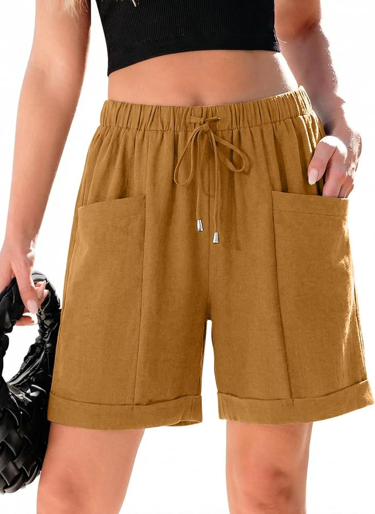 SHEWIN Womens Shorts Lightweight Bermuda Shorts for Women Casual 5 Inch Inseam Summer Linen Shorts with Pockets | Amazon (US)