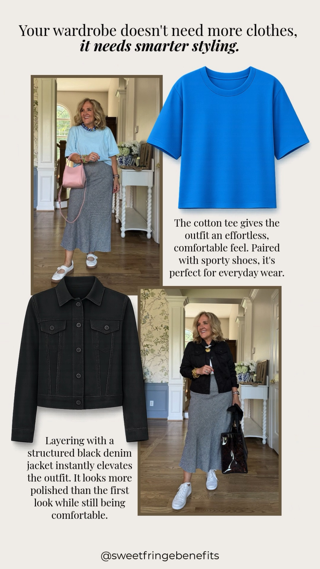 You don’t need more clothes, you just need smarter styling. Start with a simple tee, a flowy skirt, and comfortable sneakers for an effortless everyday look. Then, when you want a more polished outfit, just swap in a structured black denim jacket and elevate the entire look without changing the foundation of your outfit.

💡 LTK MADE EASY
❤️ Heart = Support my posts!
🔖 Save = Get sale & restock alerts
📋 Lists = Keep favorites organized
📲 Share = Send lists and products to a friend. Hello, Christmas List!
💬 Comment = Ask me anything about sizing or fit. :-)

#LTKootd #LTKOver40 #LTKSaleAlert