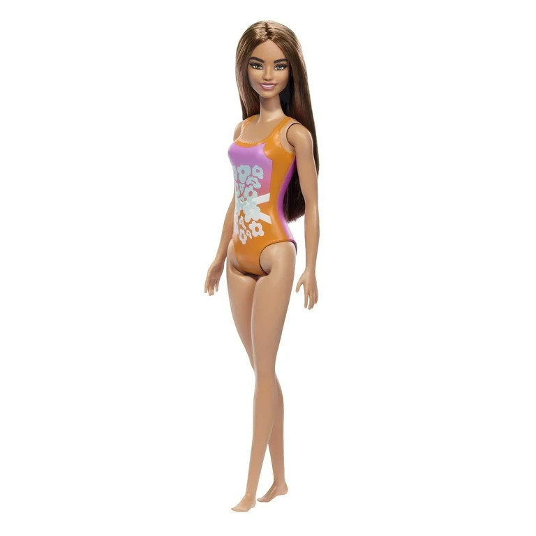 Beach Barbie Doll with Light Brown Hair Wearing Tropical Pink and Orange Swimsuit | Walmart (US)
