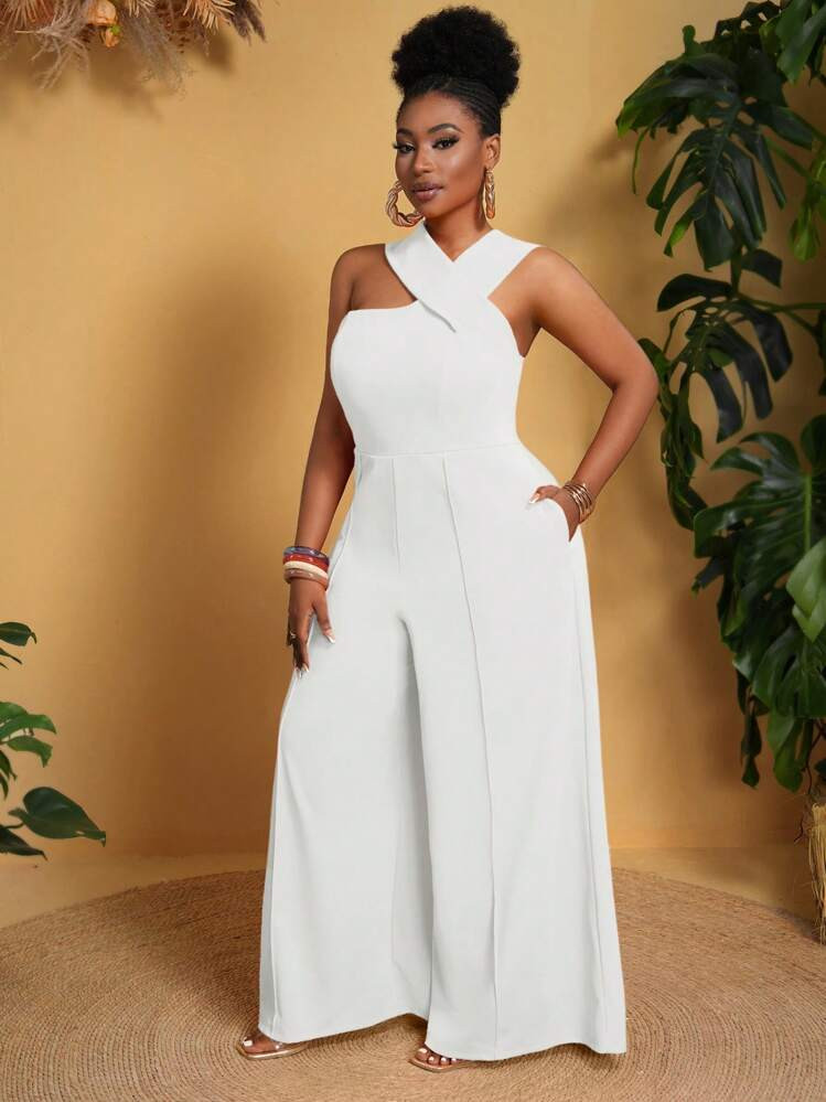 Veslaya Plus Size Women's Summer Loose Halter Pockets Wide Leg Jumpsuit | SHEIN