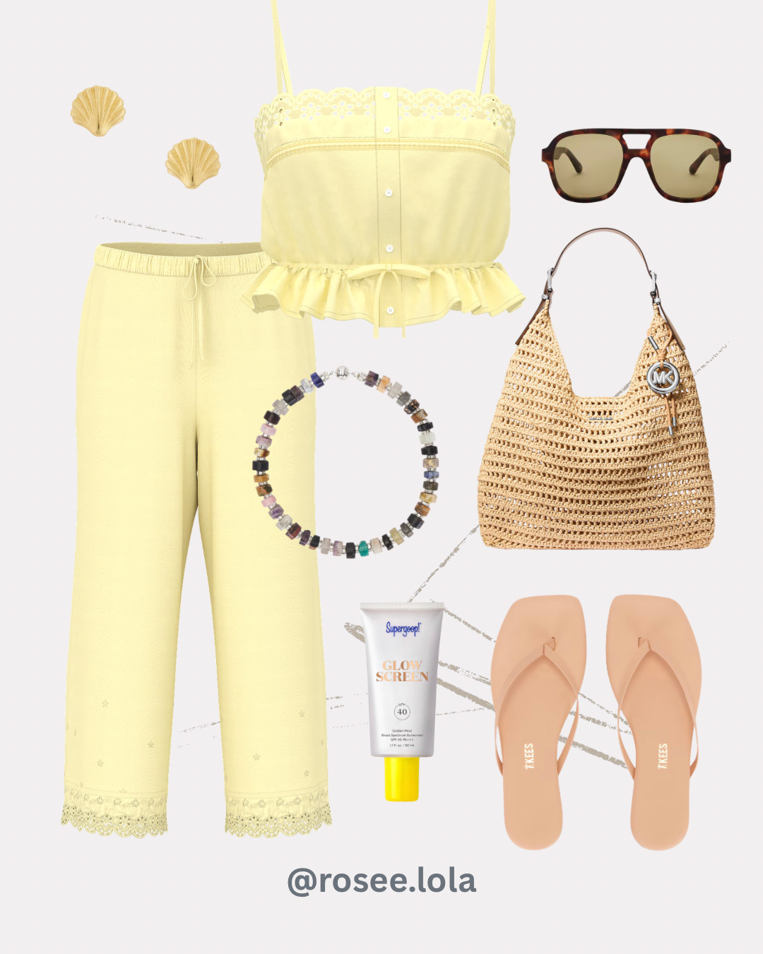 Obsessed with this Frankies Bikinis x Victoria’s Secret collab 🤍 The prettiest butter yellow set for spring/summer. Paired with shell earrings, tortoise sunnies, a raffia bag, beaded necklace, and classic staple sandals for the perfect beach look✨ 
@victoriassecret 
 @ulta @Michael Kors US @Revolve 

#LTKootd #LTKgrwm #LTKSeasonal