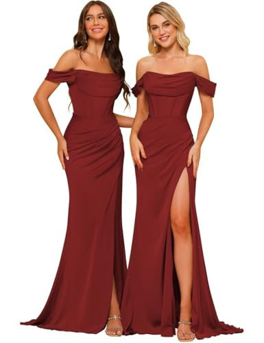 Dessiny Off The Shoulder Bridesmaid Dresses Plus Size for Women 2024 Ball Gown Burgundy Deep Satin Pleated Long Bridesmaid Dress for Formal Party with Slit US20W | Amazon (US)
