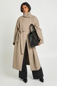 Taupe boohoo Funnel Neck Belted Wool Look Coat | PrettyLittleThing USA | PrettyLittleThing US
