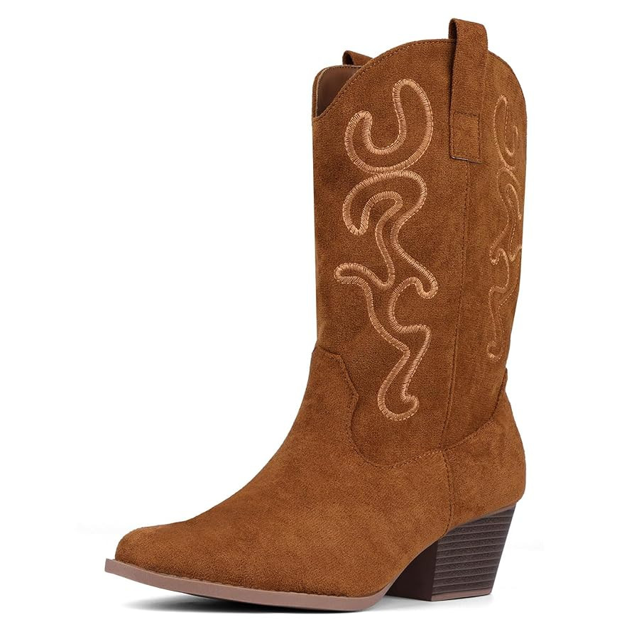 Bandkos Cowboy Boots for Women Cowgirl Mid Calf Western Embroidered Boot Low Chunky Block Heel Fa... | Amazon (US)