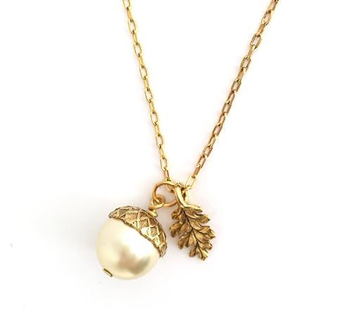 Pale Gold Acorn Necklace With Etched Leaf Charm on 20 Inch Brass Chain | Amazon (CA)