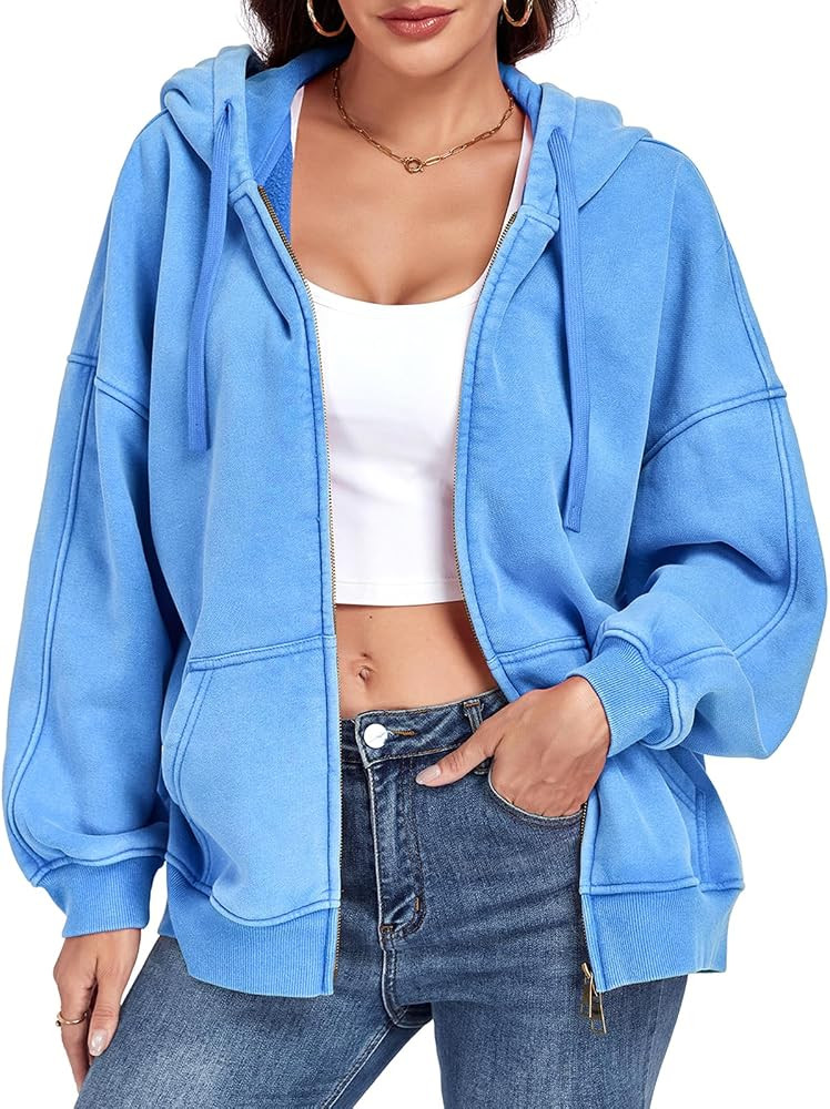 ALSOGO Womens Double Zip Up Oversized Hoodie Fleece Acid Wash Long Sleeve Sweatshirts Distressed ... | Amazon (US)