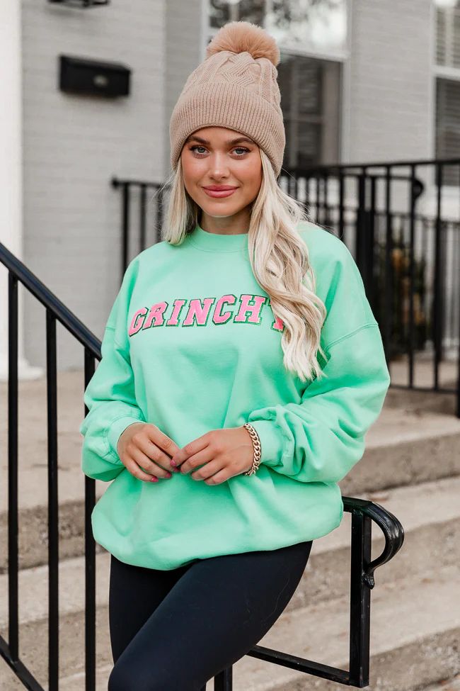 Grinchy Chenille Patch Lime Oversized Graphic Sweatshirt | Pink Lily