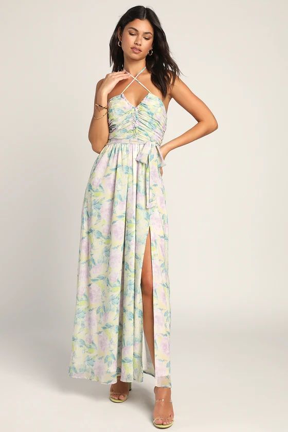 Effortlessly Abloom Green Multi Floral Ruched Halter Midi Dress | Lulus (US)