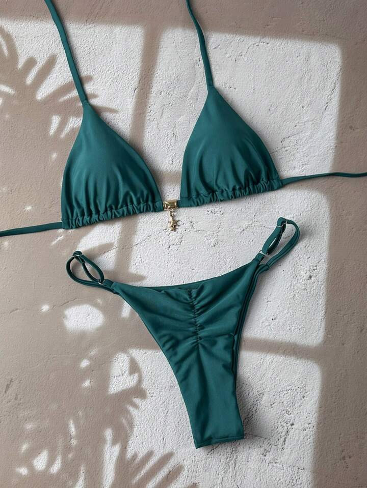 Swim Basics Women's Summer Solid Color Metal Pendant Accessory Sexy Thong Bikini Set | SHEIN